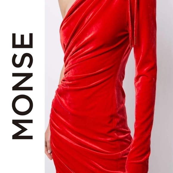 Monse Velvet One Shoulder Drawstring Asymmetric Dress Scarlet 4 NWT - Picture 15 of 16